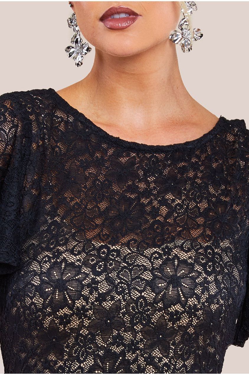 Flutter Sleeve Lace A-Line Midi Dress - Black DR4498