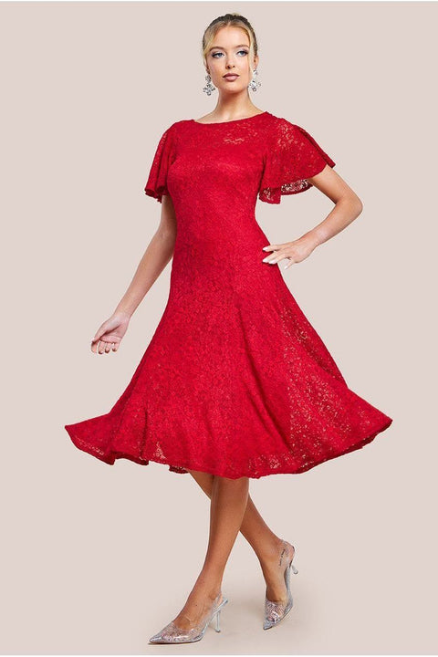Flutter Sleeve Lace A-Line Midi Dress - Red by Goddiva