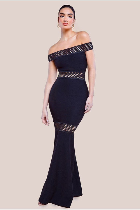 Off The Shoulder Ribbed Bodycon Maxi Dress - Black by Goddiva