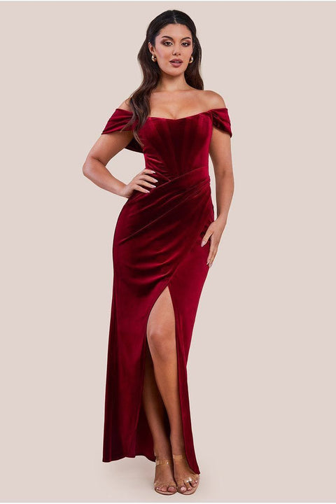 Draped Shoulder Velvet Corset Maxi Dress - Wine by Goddiva