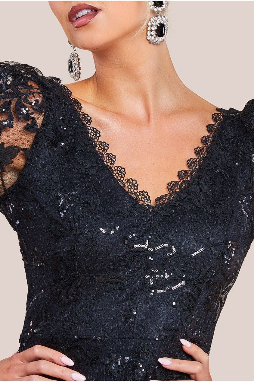 Sequin Lace Short Sleeve A-Line Midi Dress - Black DR4429
