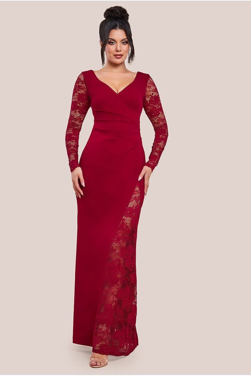 Scuba & Lace Wrap Maxi Dress - Wine DR4366