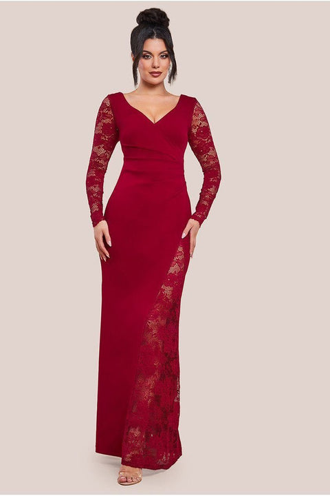 Scuba & Lace Wrap Maxi Dress - Wine by Goddiva