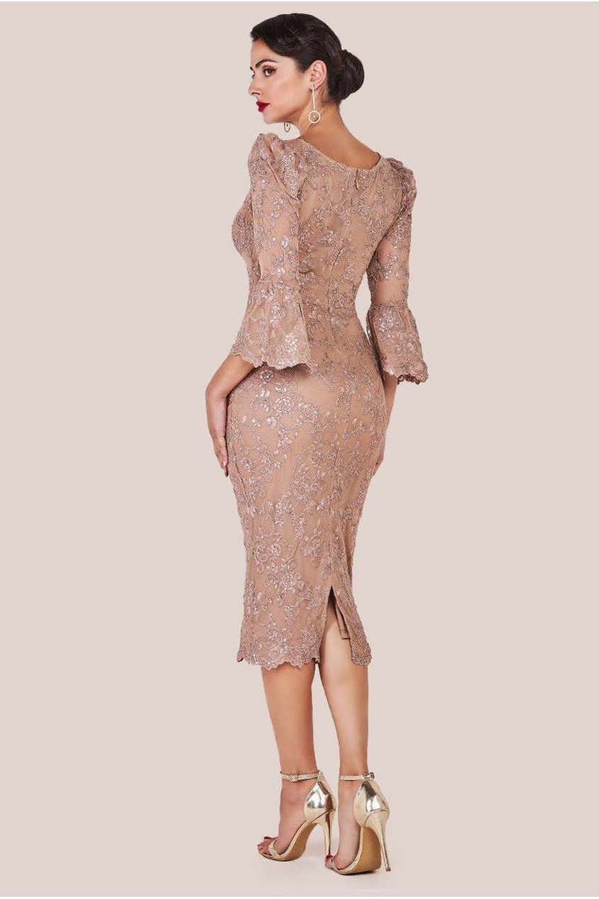 Sequin Scallop Lace Midi Dress - Champagne DR3960
