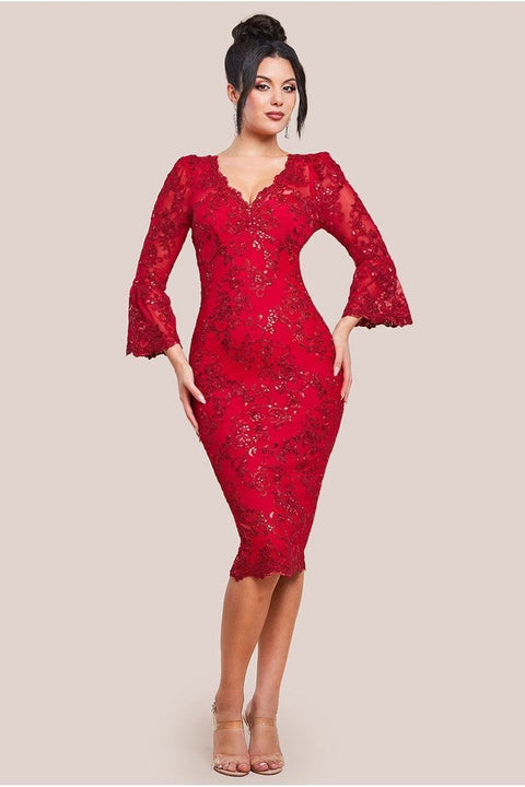 Sequin Scallop Lace Midi Dress - Red by Goddiva