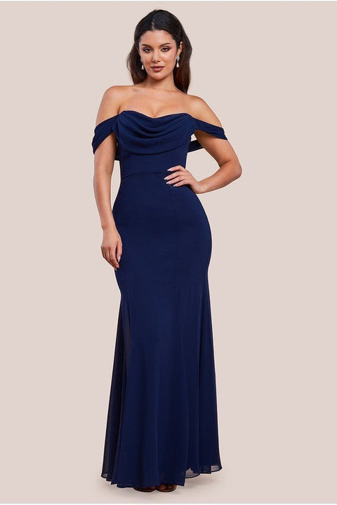 Chiffon Bardot Cowl Neck Maxi Dress - Navy by Goddiva