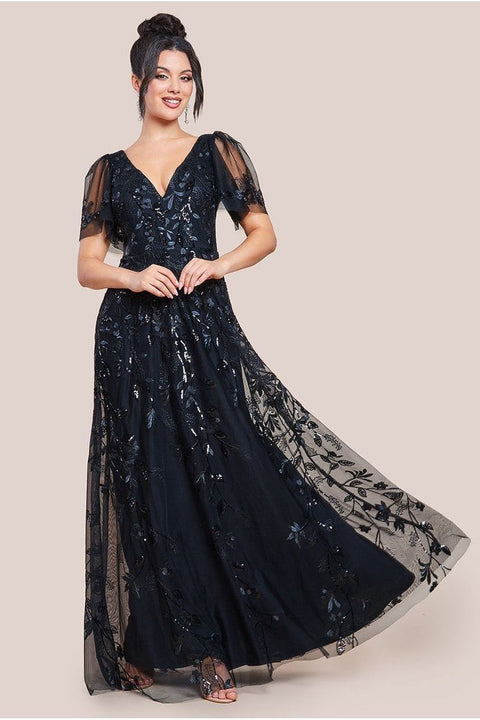 Flared Sleeve Embroidered Maxi Dress - Black by Goddiva