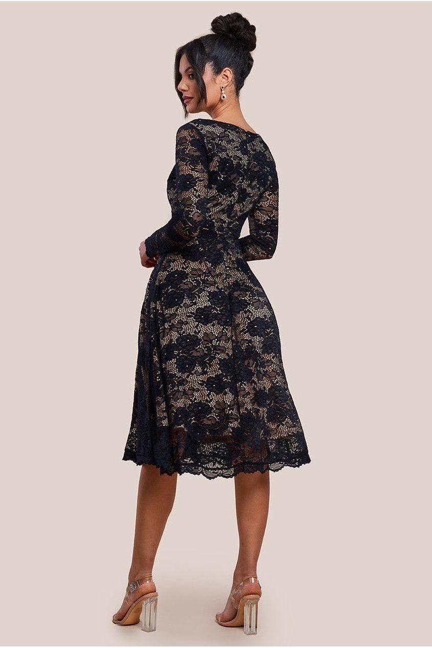 Scalloped Lace A-line Midi Dress - Black DR4478