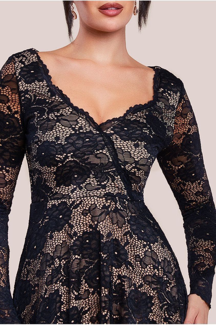 Scalloped Lace A-line Midi Dress - Black DR4478