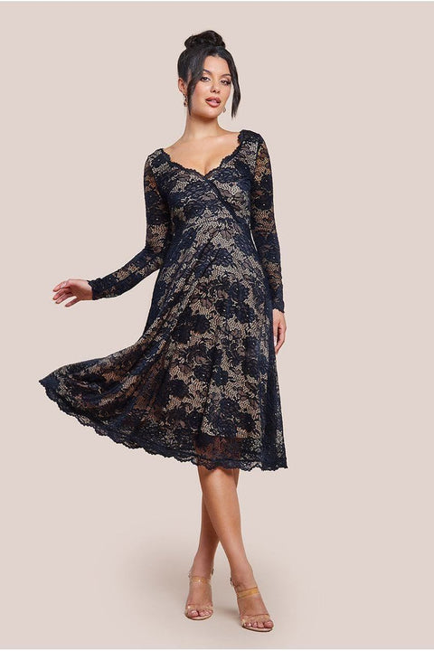 Scalloped Lace A-line Midi Dress - Black by Goddiva