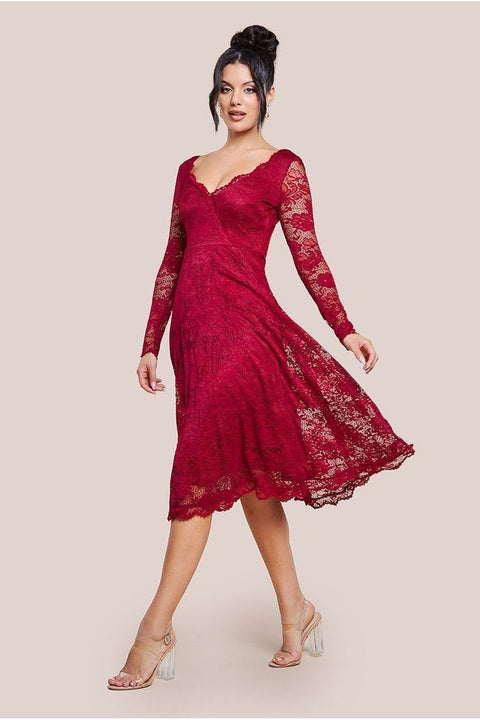 Scalloped Lace A-line Midi Dress - Wine by Goddiva