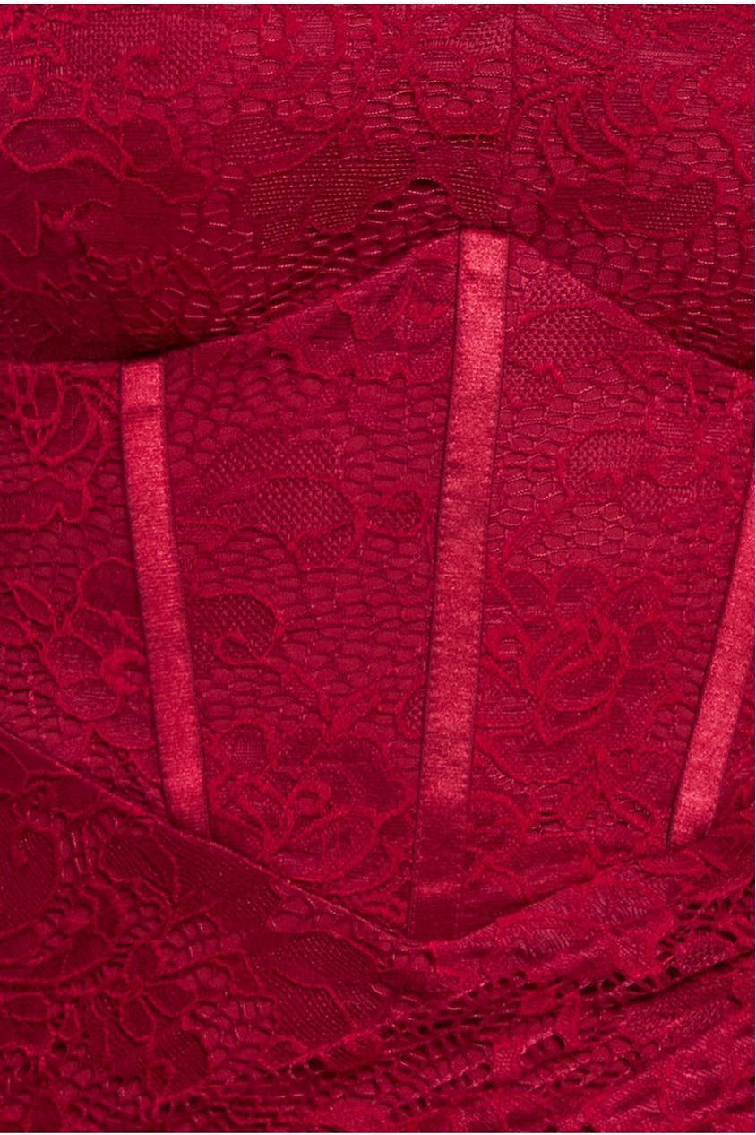 Scalloped Lace Corset Bodice Midi Dress - Wine DR4526