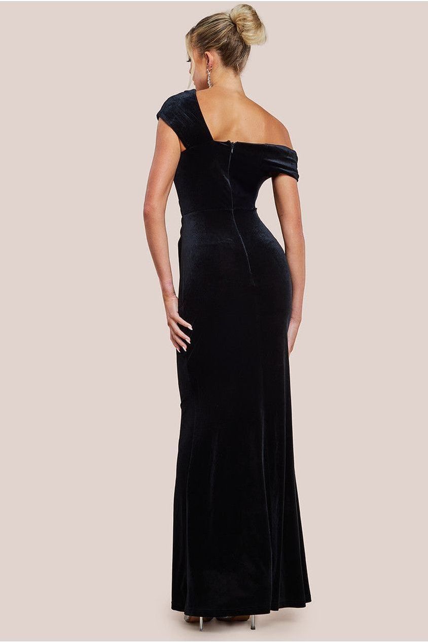 One Shoulder Velvet Maxi Dress - Black DR4578