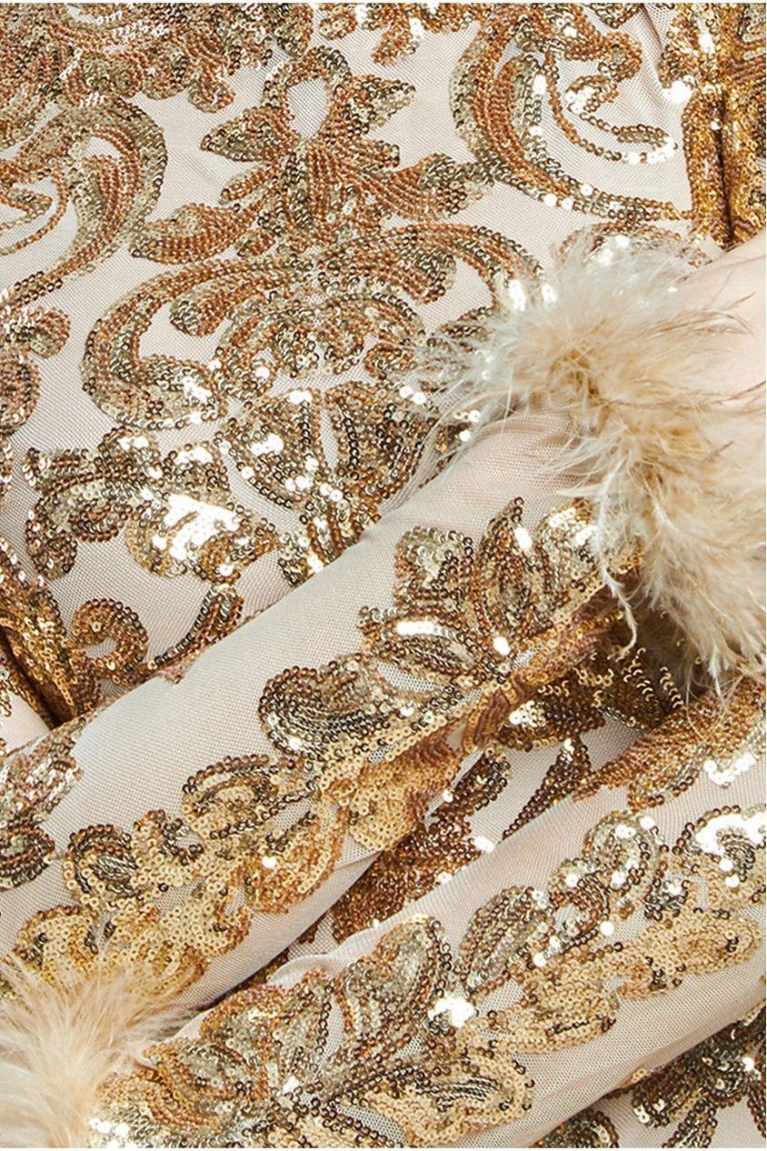 Sequin High Neck Feather Cuff Maxi Dress - Gold DR3984