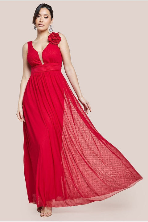 Sleeveless Pleated Dobby Mesh Corsage Maxi Dress - Red by Goddiva