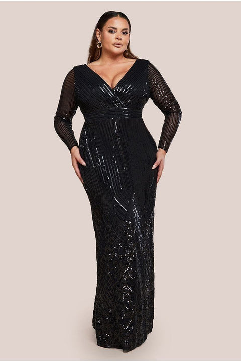 Long Sleeve Sequin V Wrap Maxi Dress - Black by Goddiva Plus