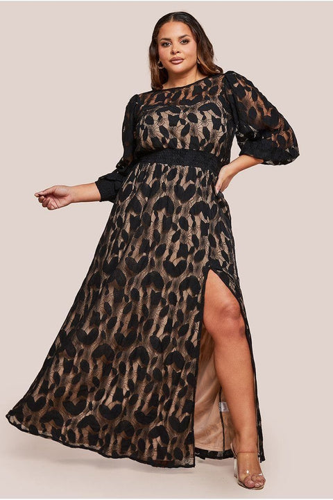 Lace Front Split Long Sleeve Maxi Dress - Black by Goddiva Plus