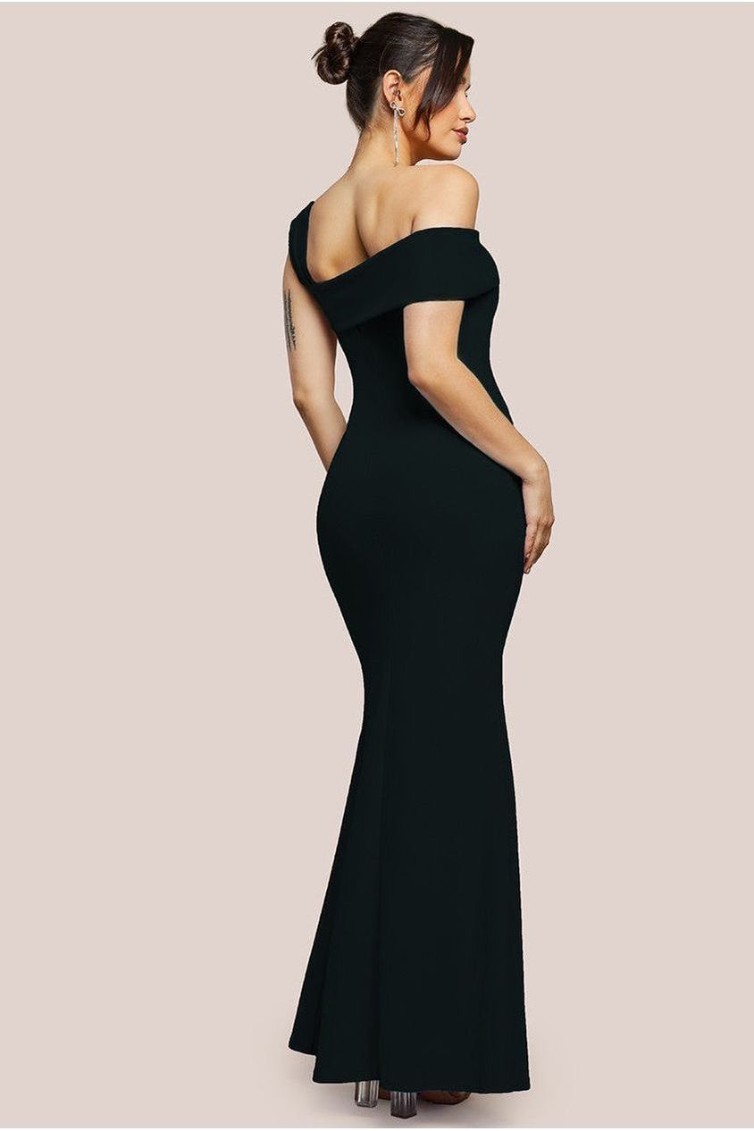 Off The Shoulder Pleated Waist Maxi Dress - Black DR2594