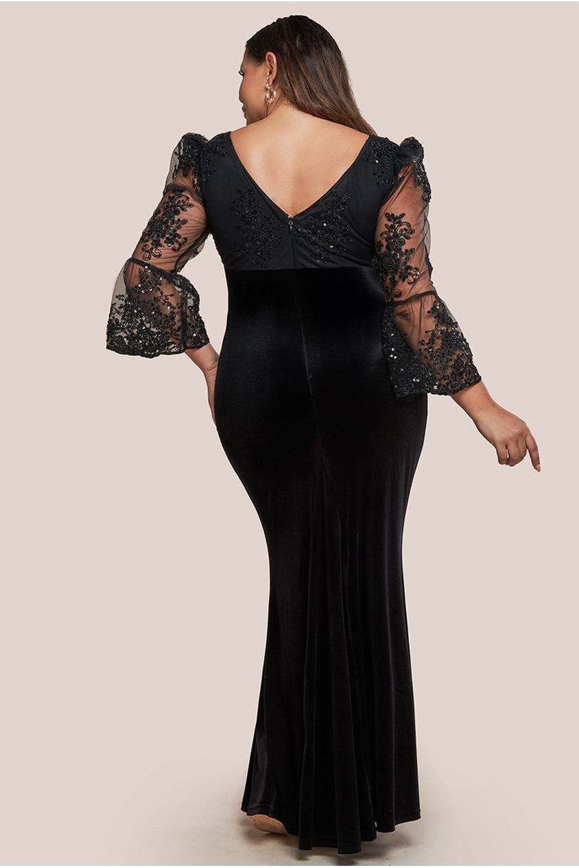 Scalloped Lace & Velvet Maxi Dress - Black DR3972PLUS