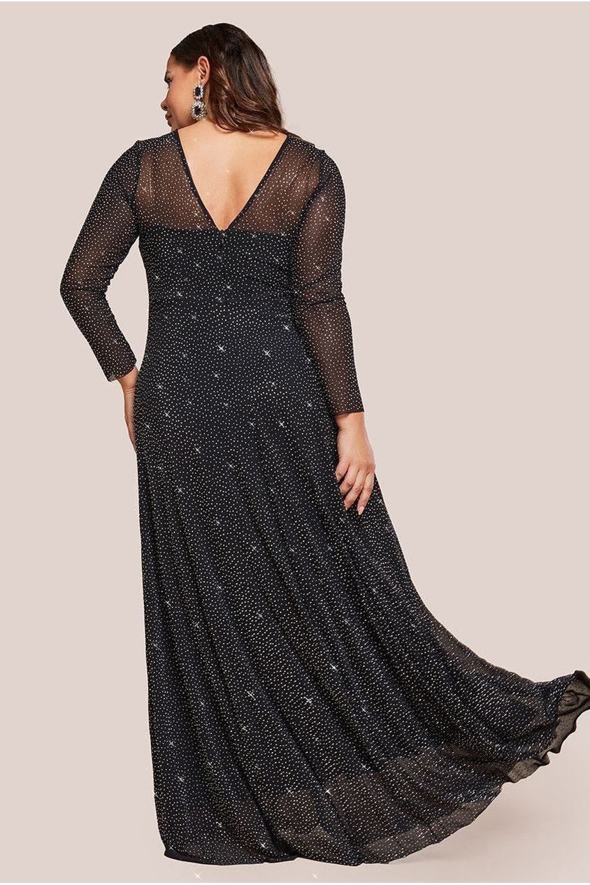 Hotfix Diamante Mesh A-Line Long Sleeve Maxi Dress - Black DR4365PLUS