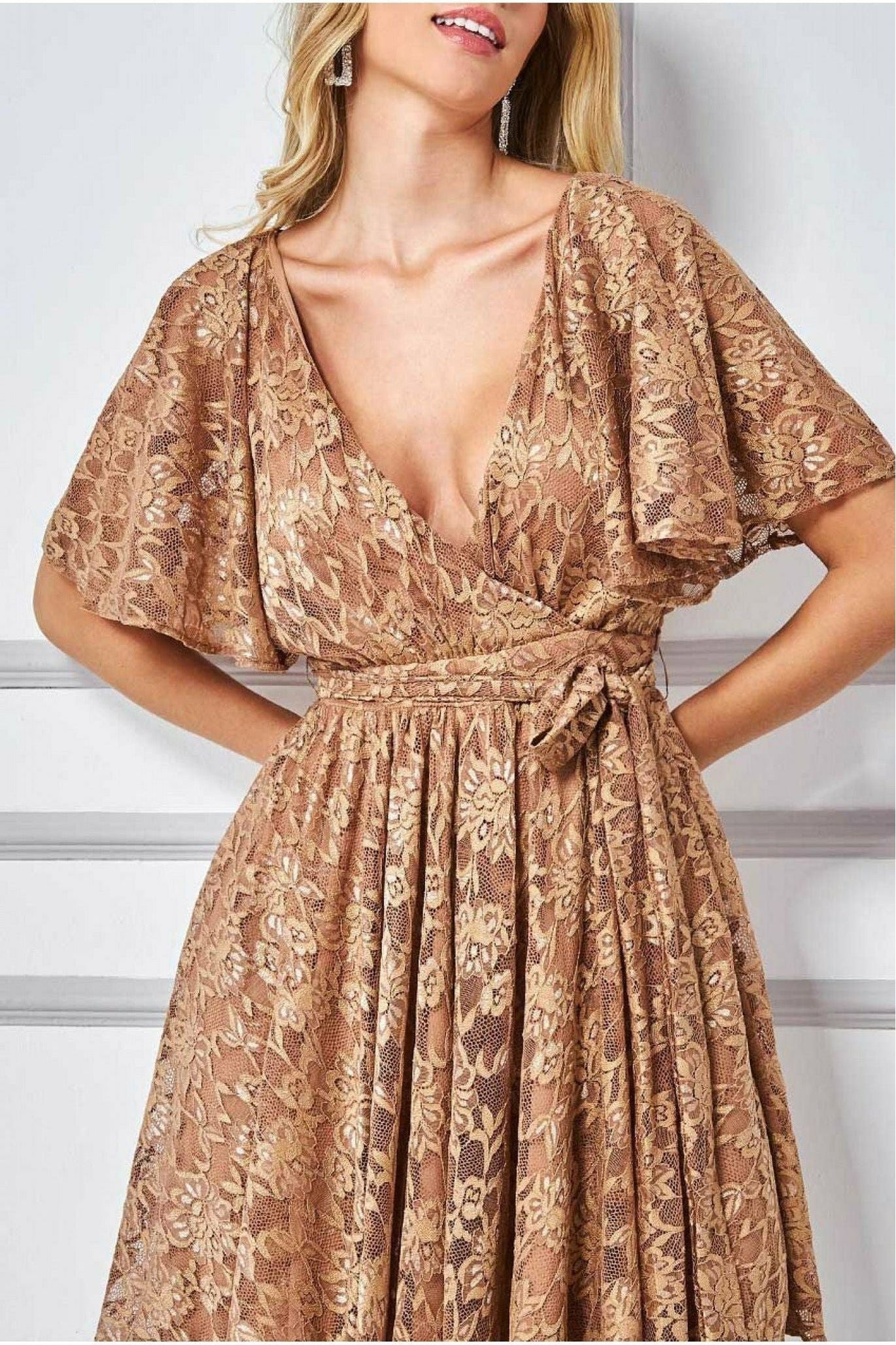 Lace Kimono Wrap Skater Mini Dress - Tan DR2567A