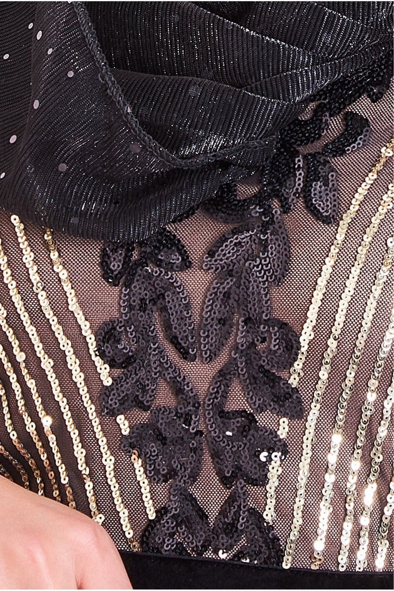 Modesty Sequin Mesh Bodice Maxi Dress - Black DR3453MOD