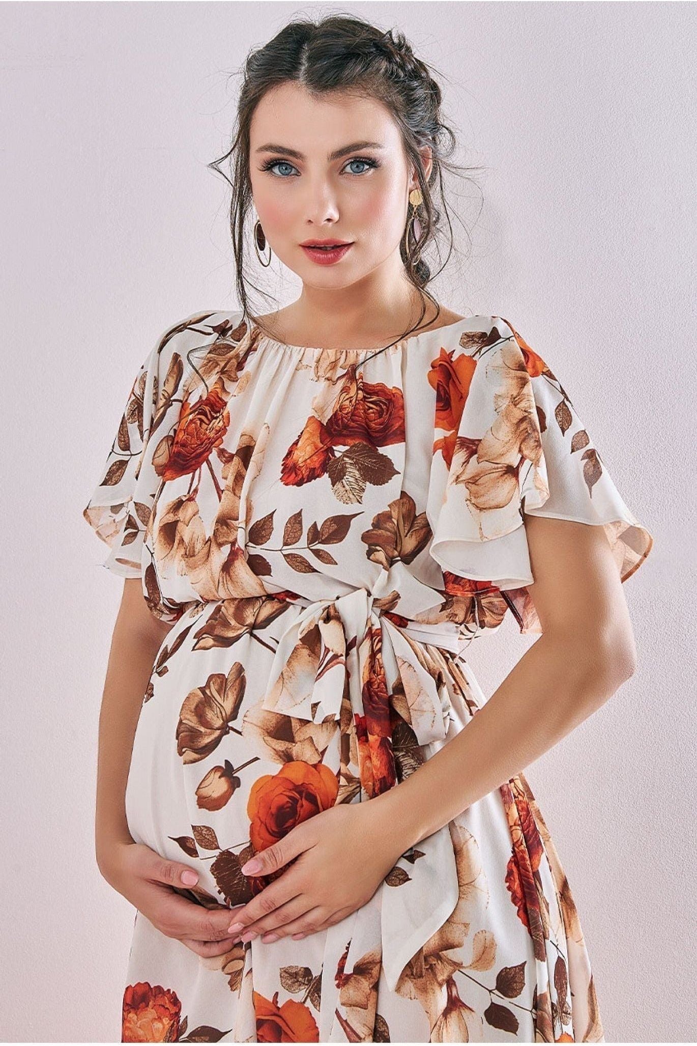 Maternity Wrap Back Flutter Sleeve Midi Beige DR3480MAT