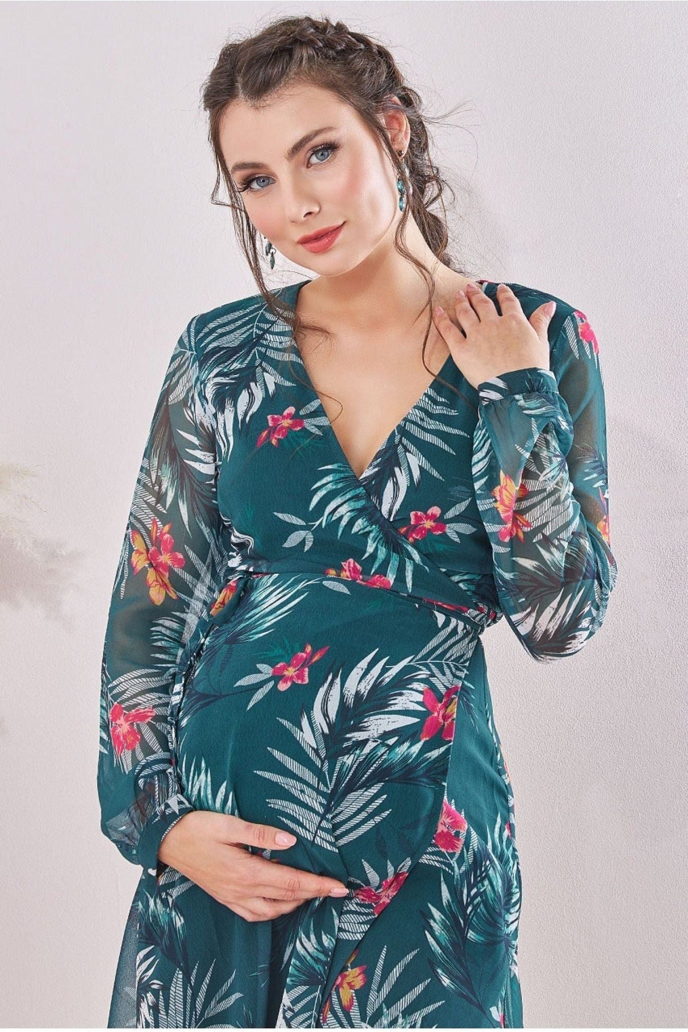 Maternity Floral Print Wrap Midi Green DR3569MAT