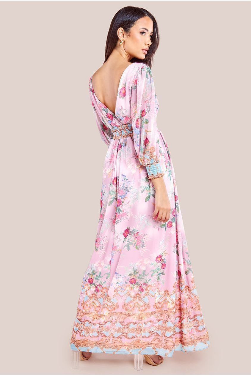 Chiffon Wrap Border Floral Print Maxi Dress - Pink DR4394