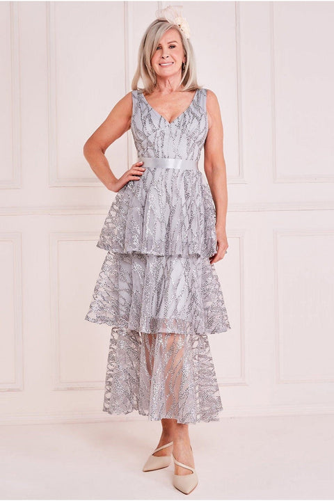 Embroidered Mesh Layered Midi - Grey by Goddiva