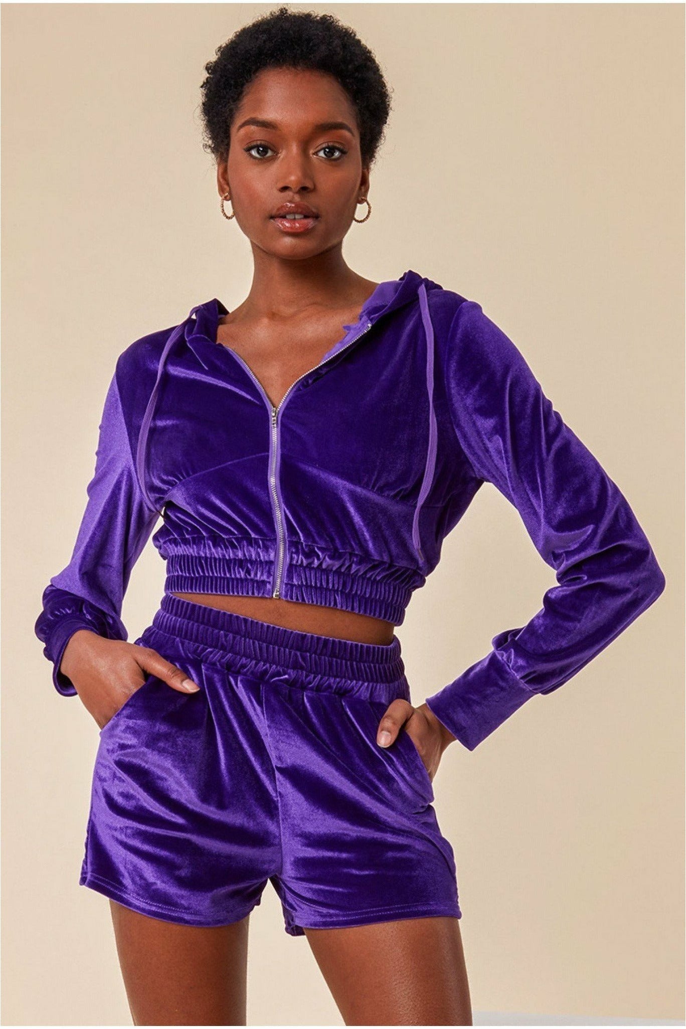 Velour Hoodie & Short Set -  Purple TS22