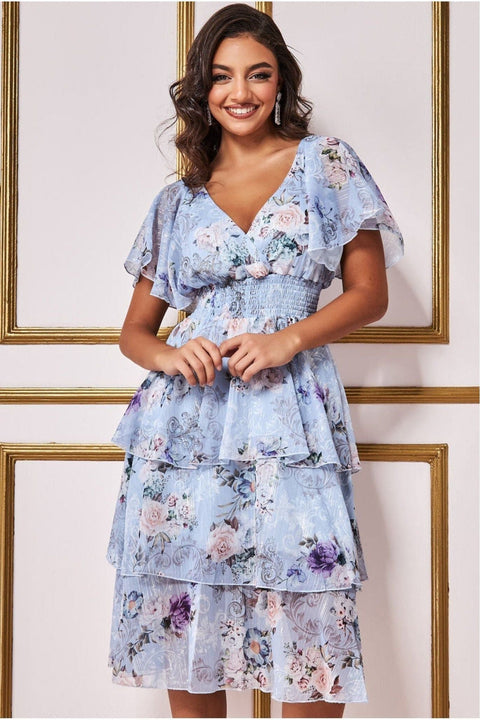 Layered Floral Midi Flutter Sleeves - Blue Floral by Goddiva