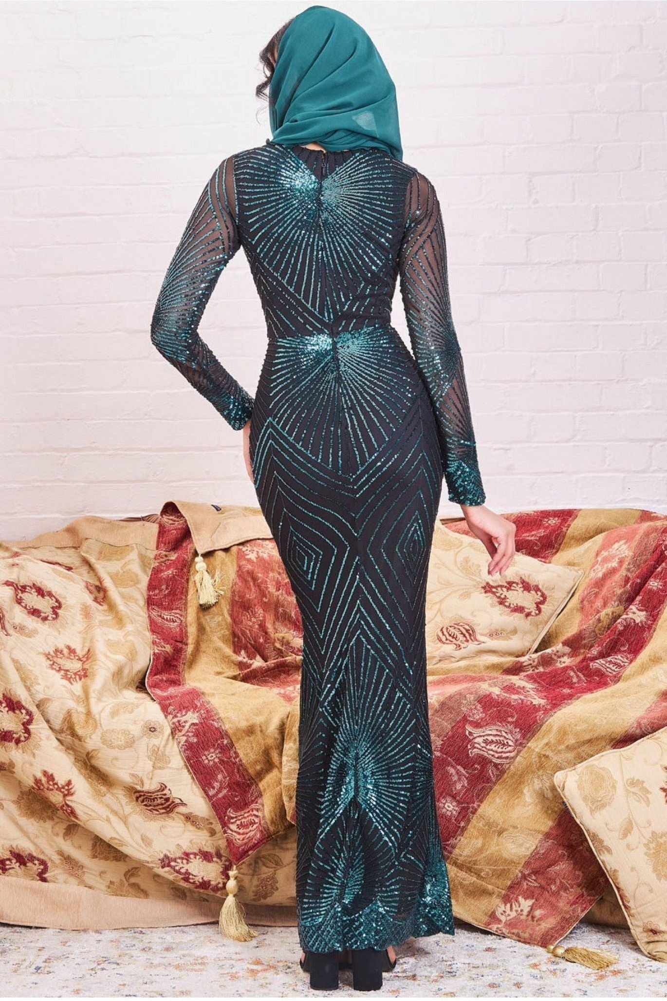 Modesty Starburst Sequin Maxi Dress - Emerald DR1824MOD