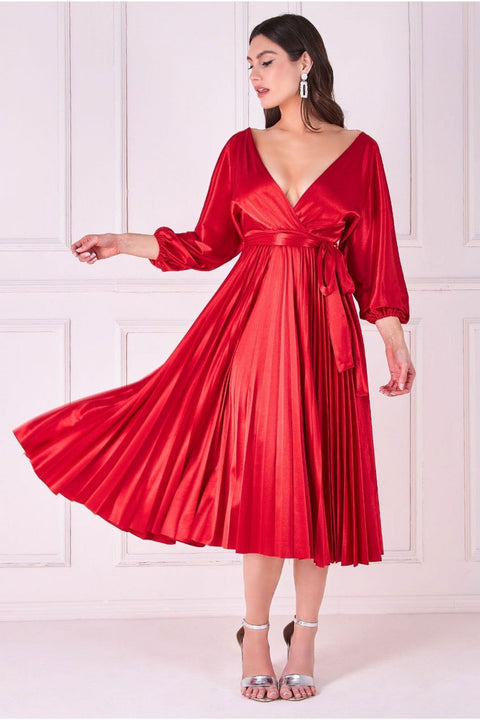 Satin Pleated Skirt Wrap Midi Dress - Red by Goddiva