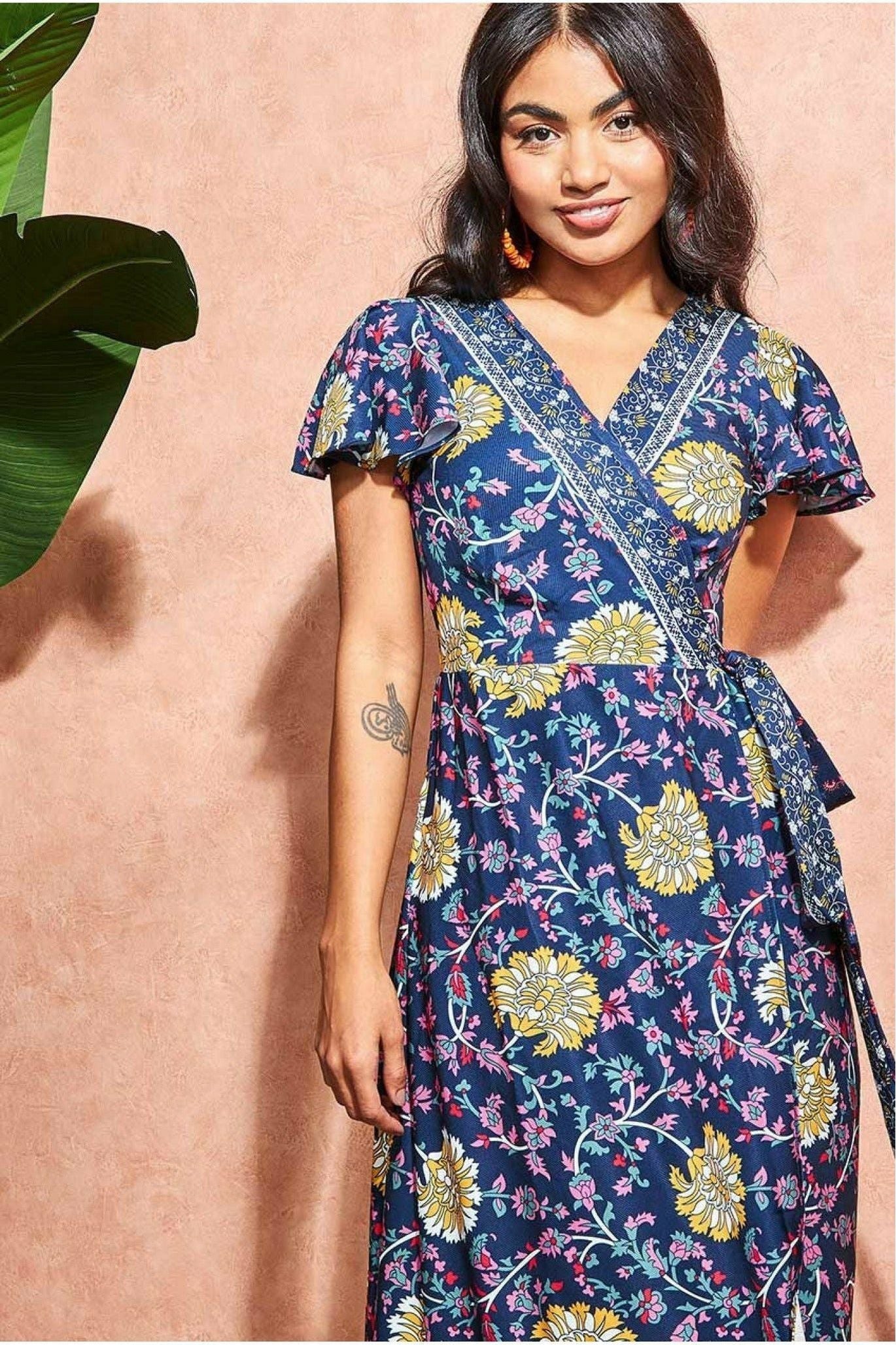 Floral Print Maxi With Flutter Sleeves - Navy Print DR3355