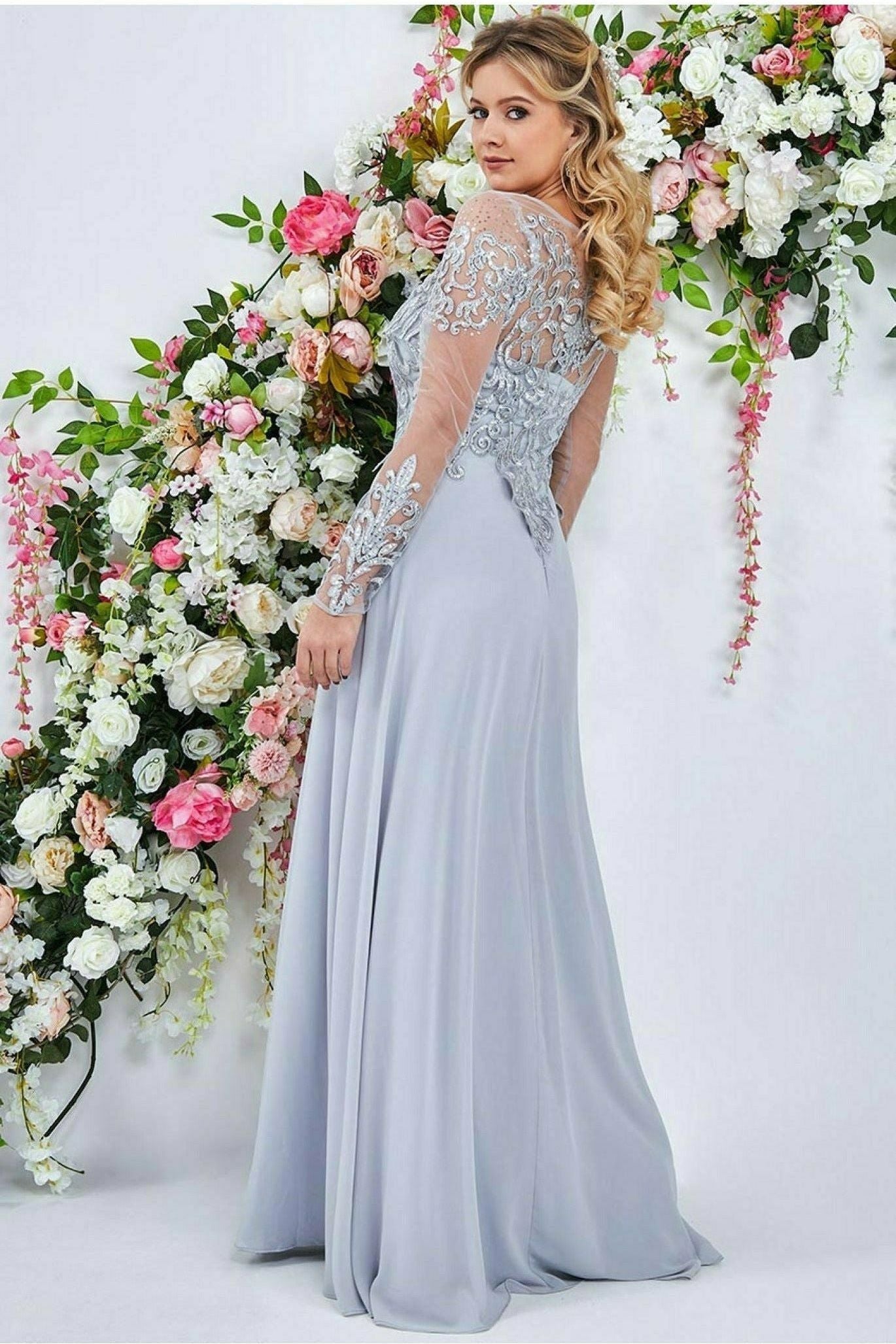 Mesh & Lace Embroidered Bodice Maxi - Grey DR3260
