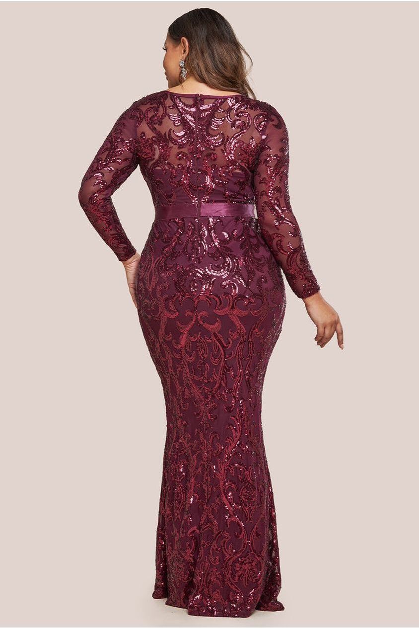 Embroidered Sequin & Mesh Maxi Dress - Burgundy DR2558PLUS