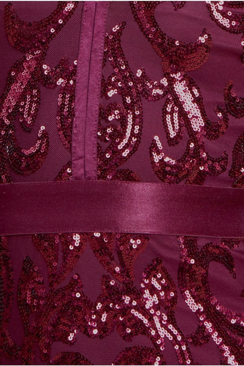 Embroidered Sequin & Mesh Maxi Dress - Burgundy DR2558