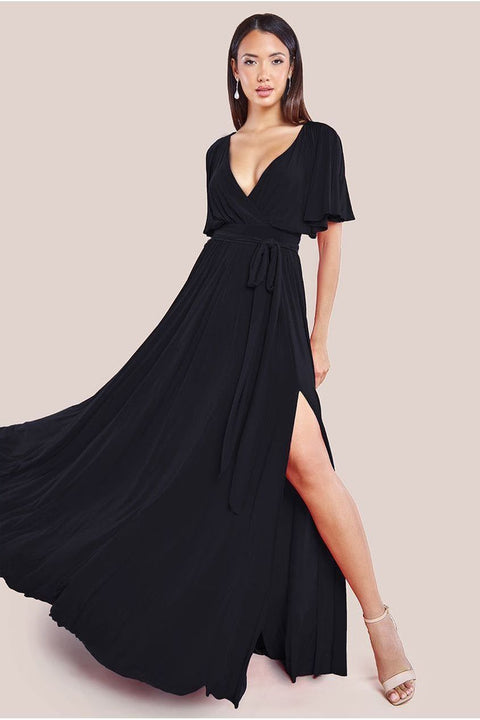 Wrap Front Maxi With Flutter Sleeves - Black by Goddiva