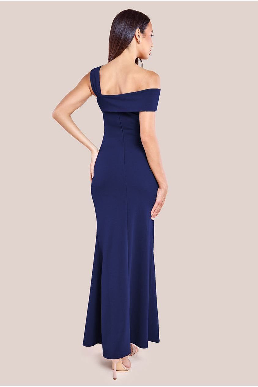 Off The Shoulder Pleated Waist Maxi Dress - Navy DR2594G