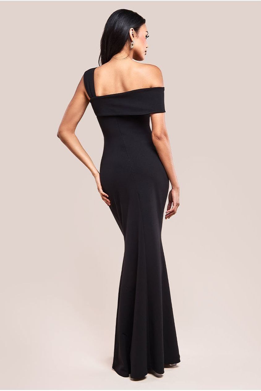 Off The Shoulder Pleated Waist Maxi Dress - Black DR2594G