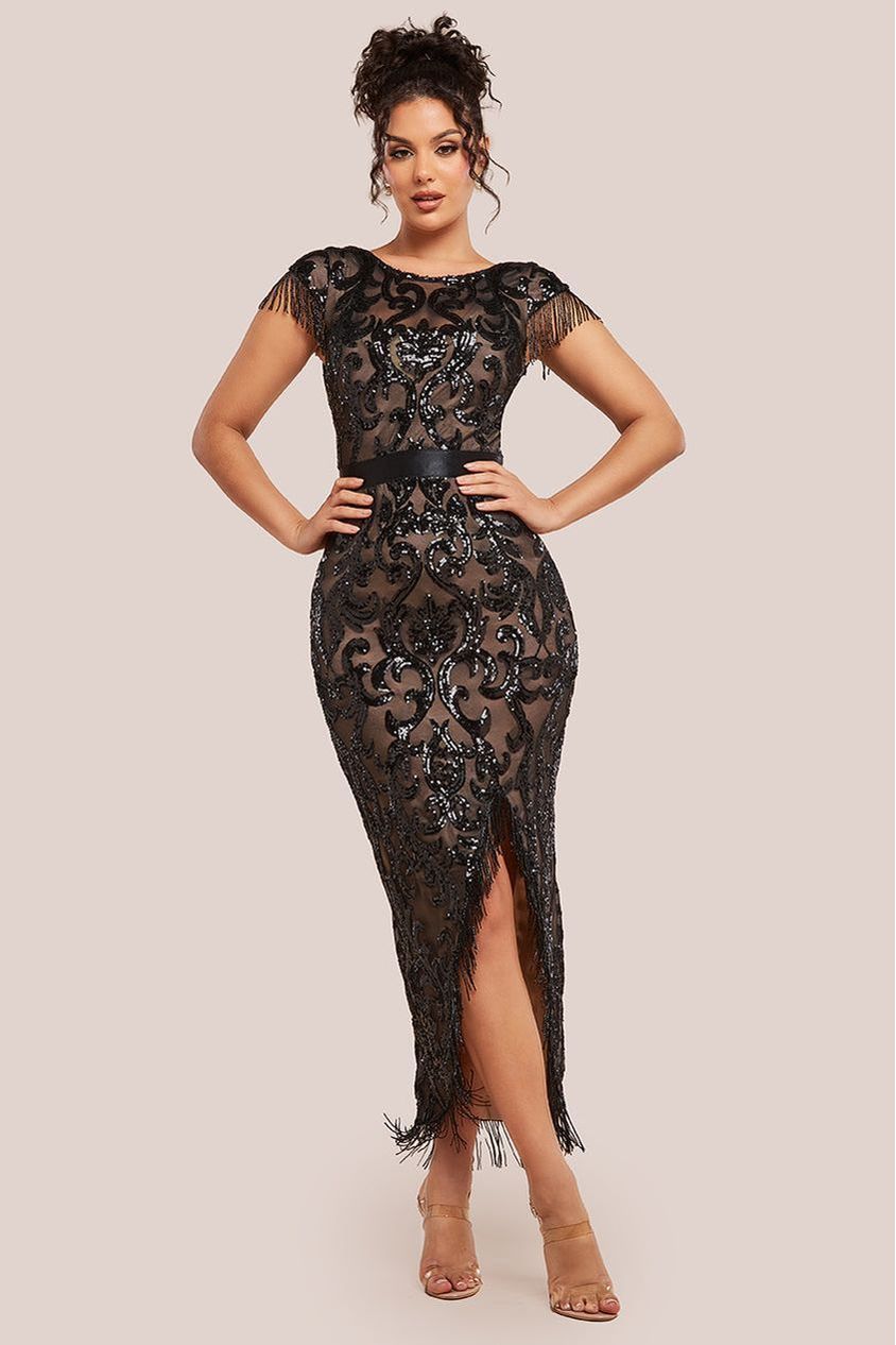 Tassel Split Maxi Dress - Black DR2616