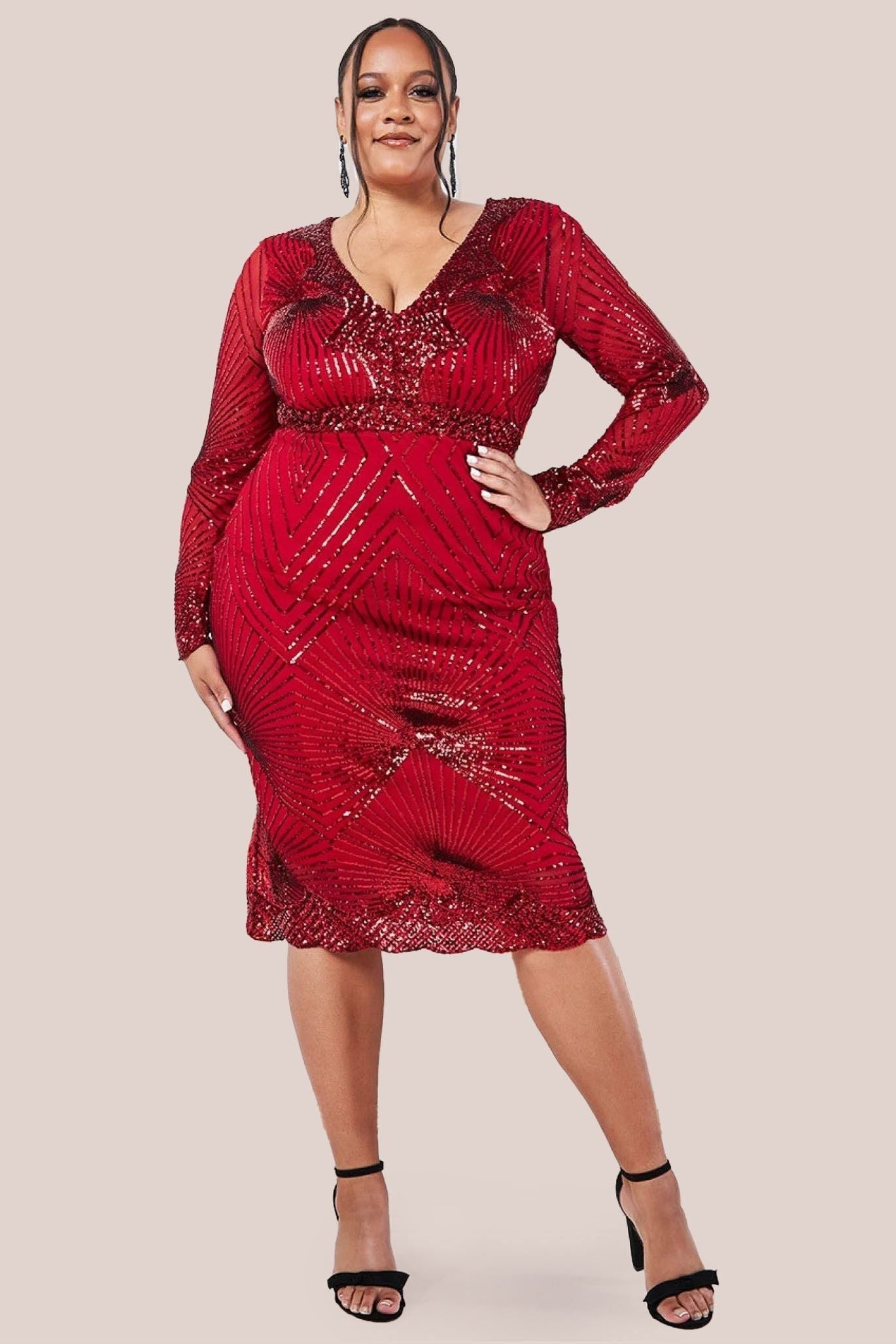 Scalloped Hem Starburst Midi Dress - Red DR2617P