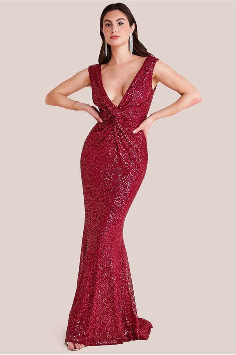 Twisted Front Sequin Maxi - Burgundy by Goddiva