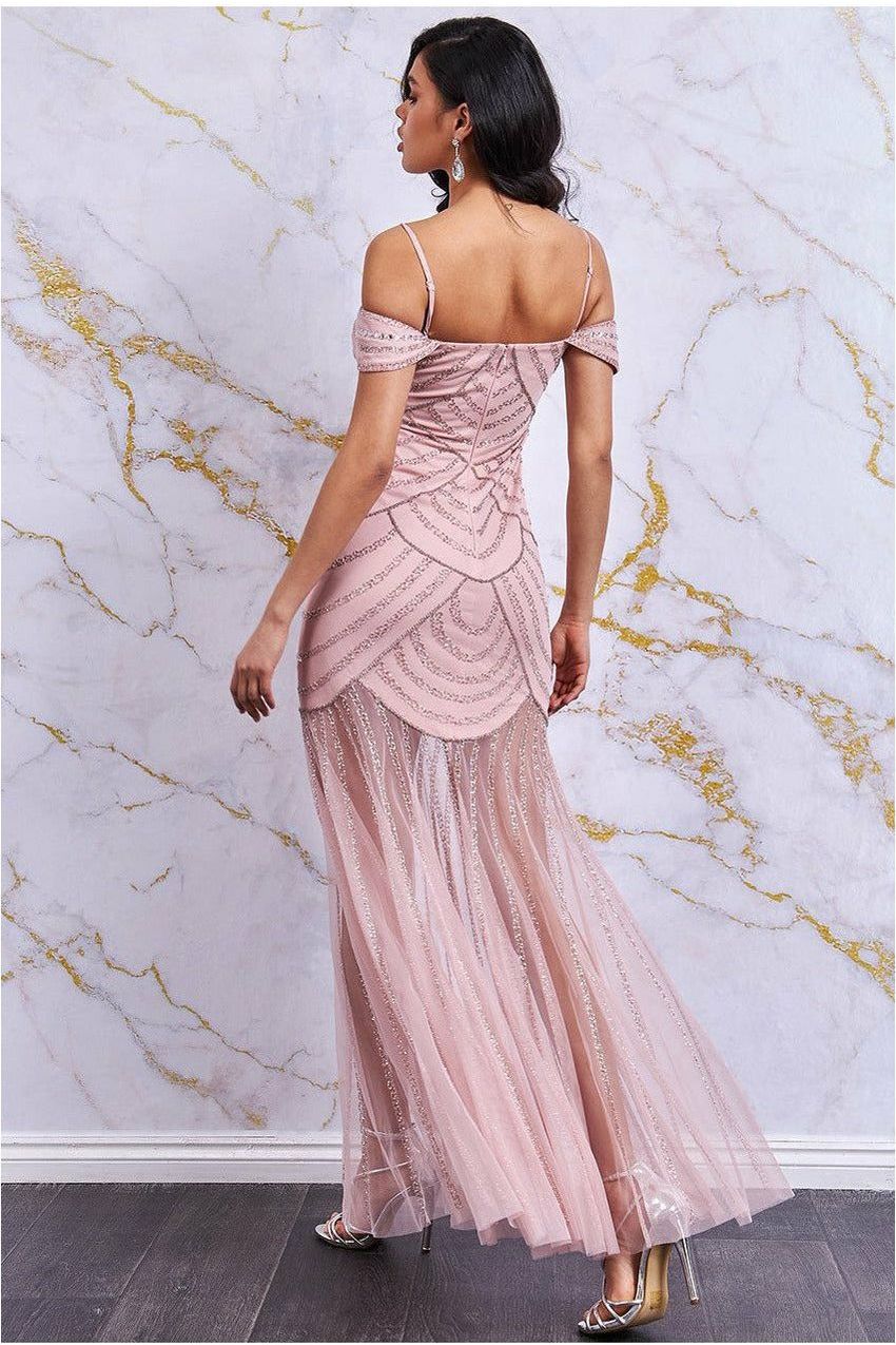 Off The Shoulder Maxi Dress With Mesh Skirt - Blush DR2815