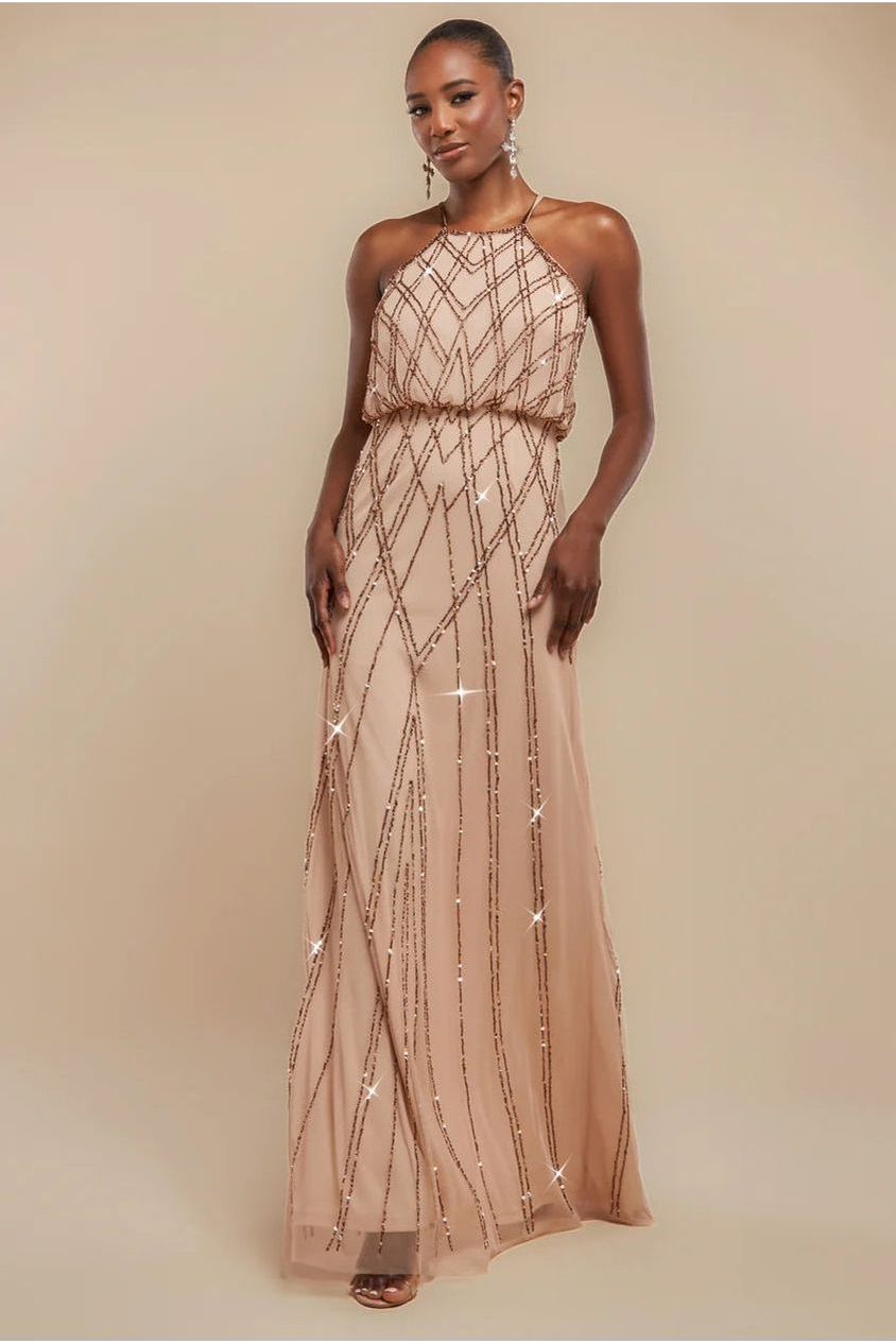 Racer Neck Sleeveless Hand Embellished Sequin Maxi Dress - Champagne DR2889
