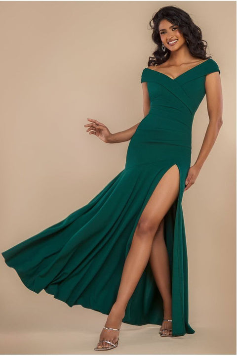 Scuba Crepe Off Shoulder Front Split Maxi Dress - Emerald Green by Goddiva