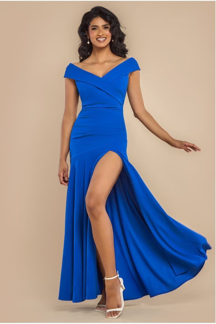 Scuba Crepe Off Shoulder Front Split Maxi Dress  - Royal Blue DR2930SC