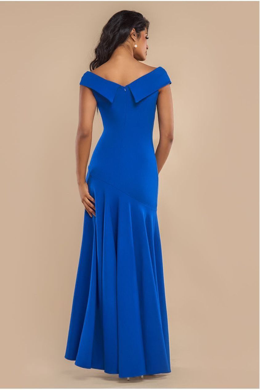 Scuba Crepe Off Shoulder Front Split Maxi Dress  - Royal Blue DR2930SC