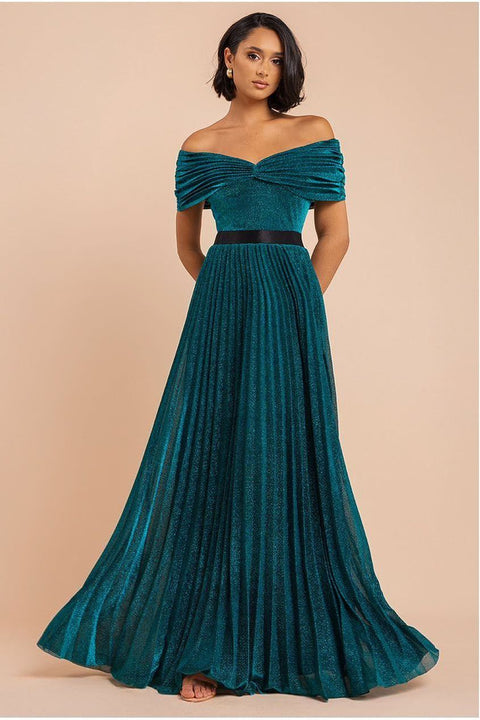 Bardot Pleated Skirt Maxi Dress - Emerald by Goddiva